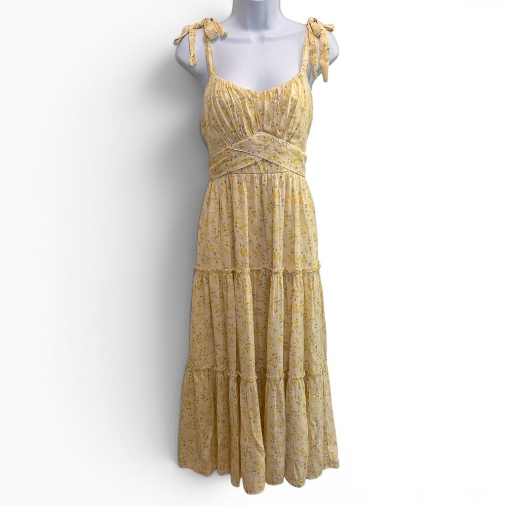 Trixxi Yellow Floral Milkmaid Dress Size L Prairie Boho Tiered Romantic Spring